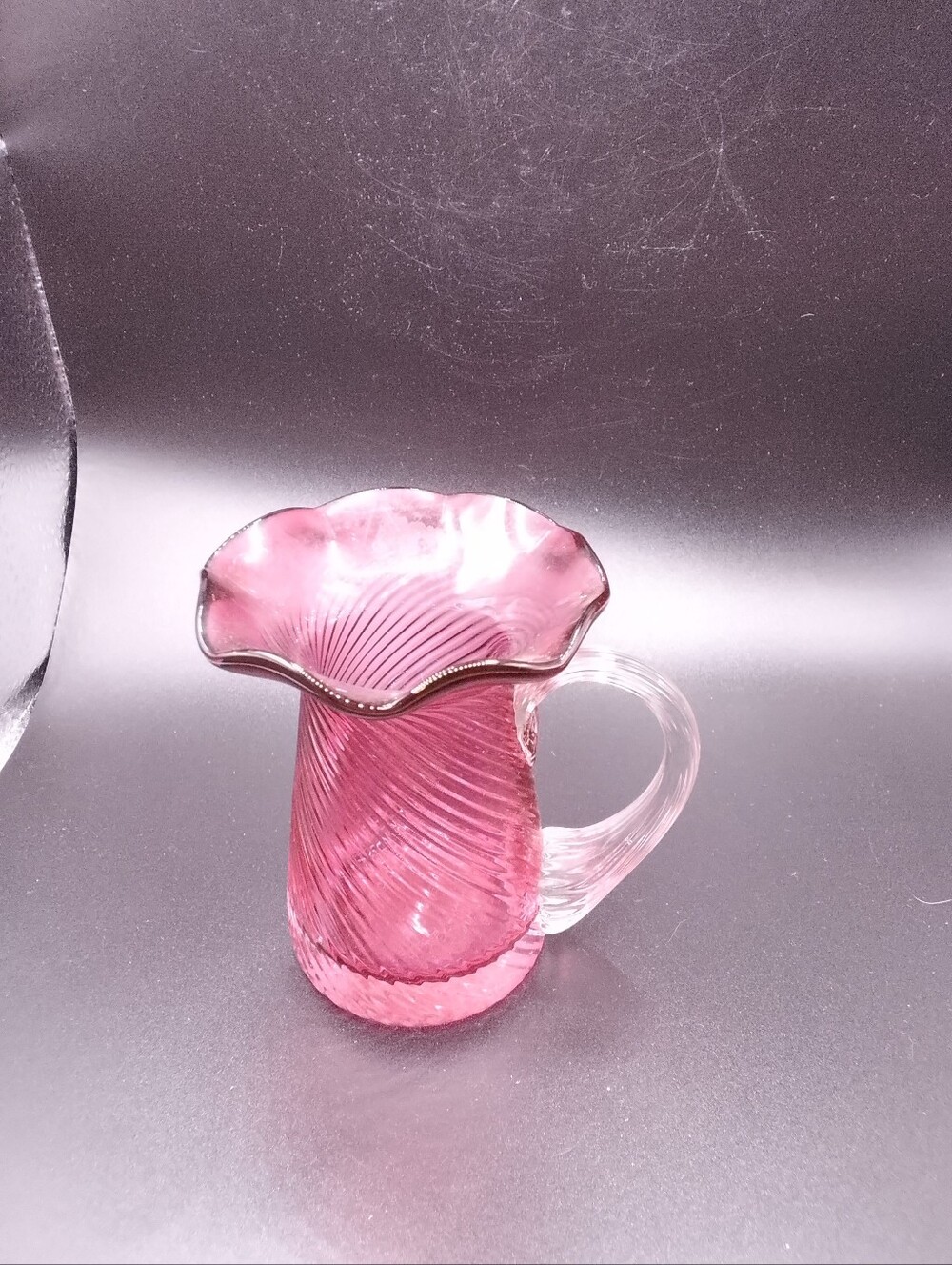 Vintage Cranberry Glass Swirl Creamer - ruffled Edge/applied Clear Handle